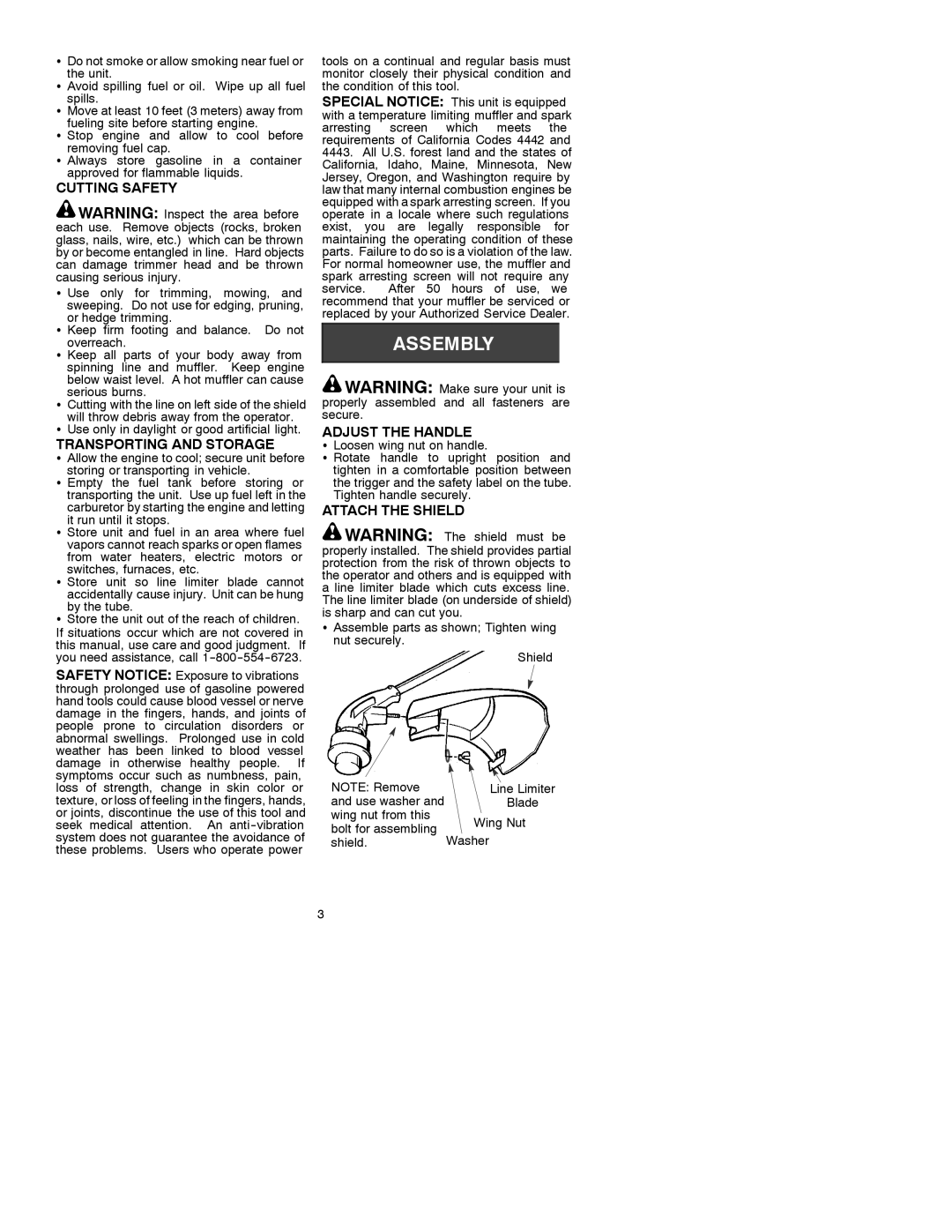 Weed Eater 530088826 manual Cutting Safety, Transporting and Storage, Adjust the Handle, Attach the Shield 