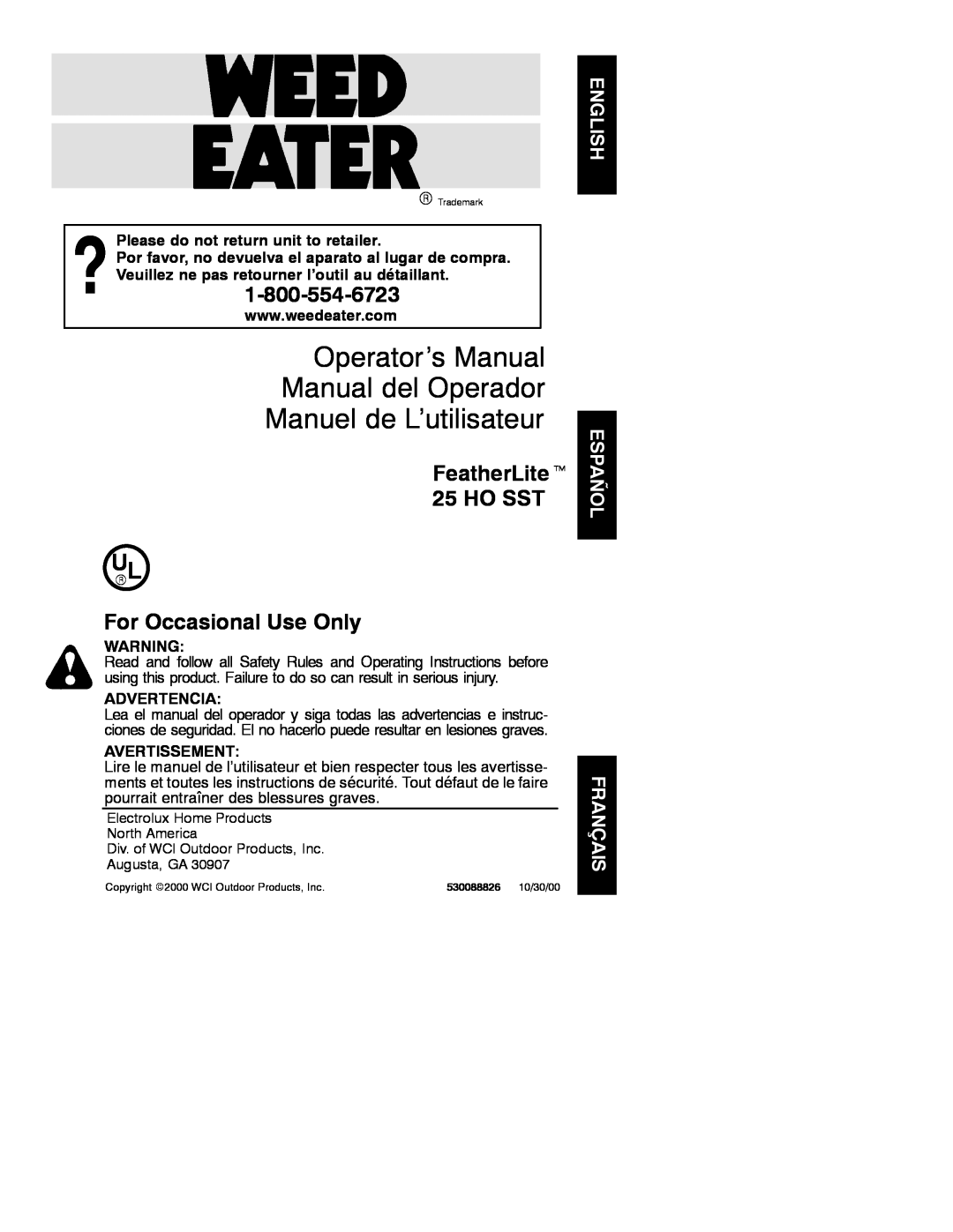 Weed Eater 530088826 manual Operator’s Manual Manual del Operador Manuel de L’utilisateur, FeatherLitet, Ho Sst 