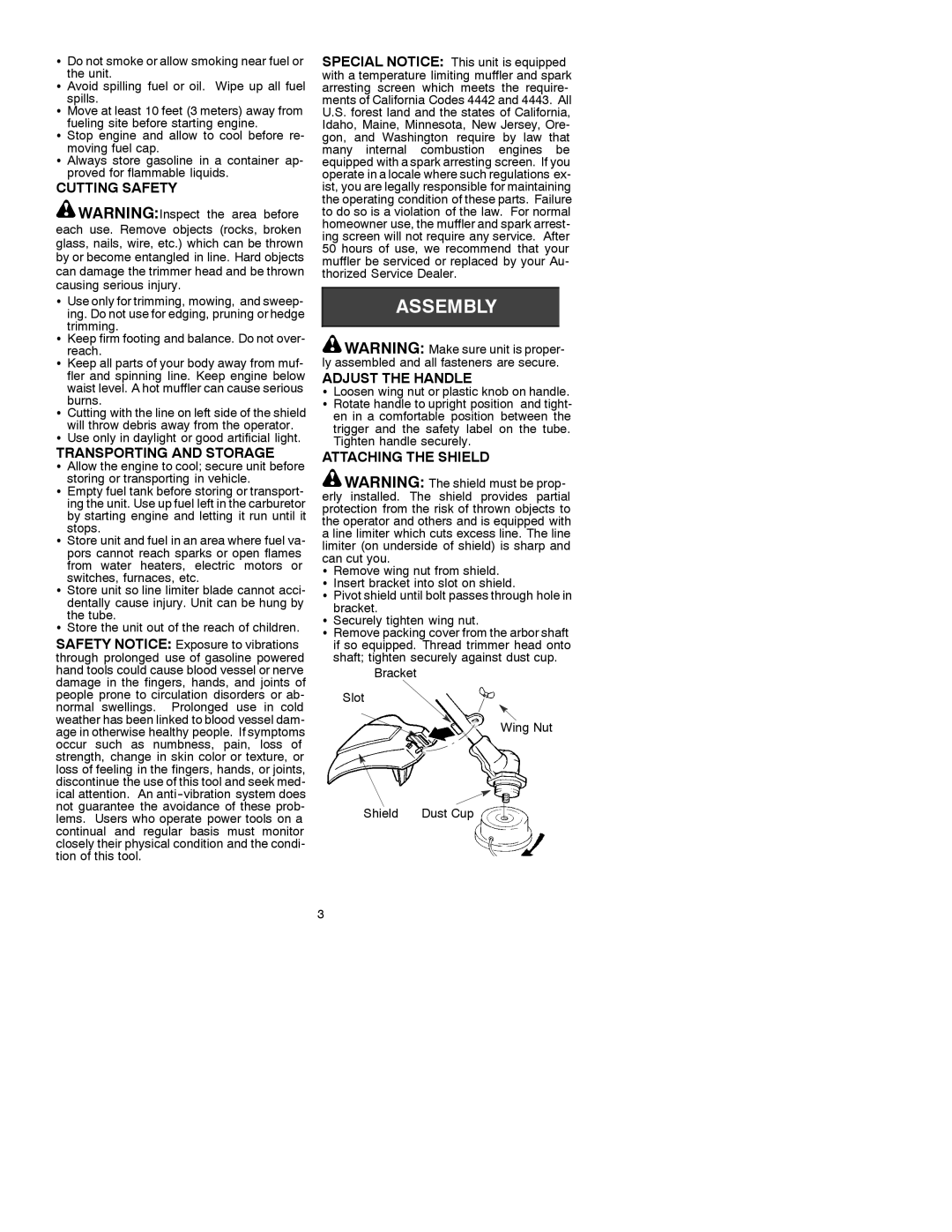 Weed Eater 530088827 manual Cutting Safety, Transporting and Storage, Adjust the Handle, Attaching the Shield 