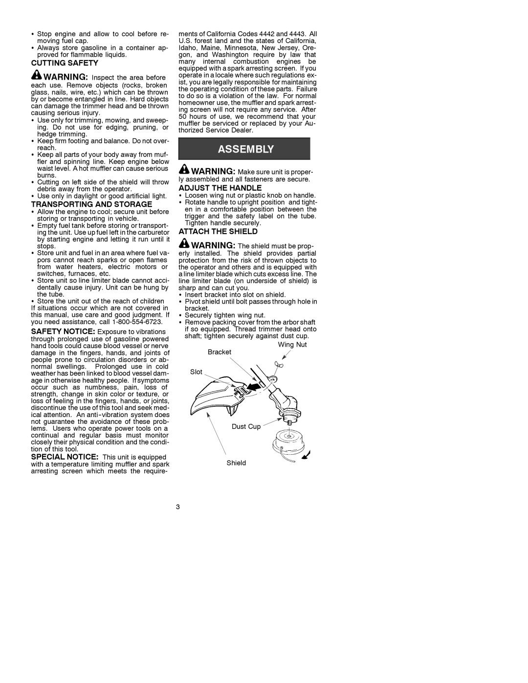 Weed Eater 530088828 operating instructions Cutting Safety, Transporting and Storage, Adjust the Handle, Attach the Shield 