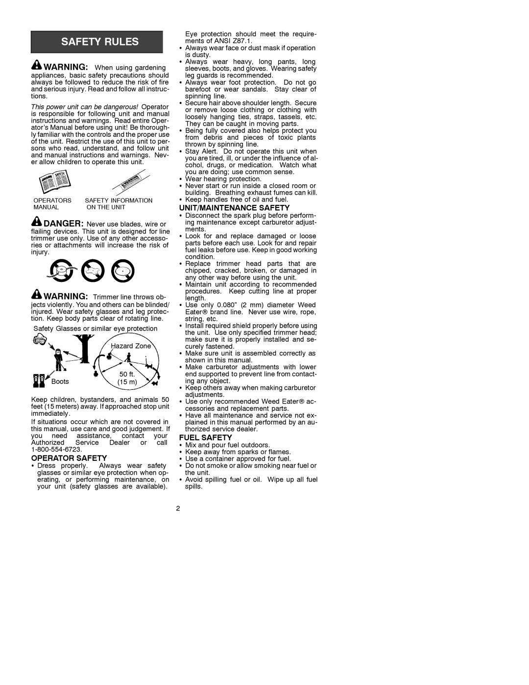 Weed Eater 530088831 manual Operator Safety, UNIT/MAINTENANCE Safety, Fuel Safety 