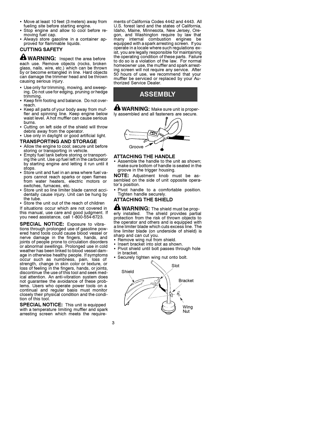 Weed Eater 530088831 manual Cutting Safety, Transporting and Storage, Attaching the Handle, Attaching the Shield 