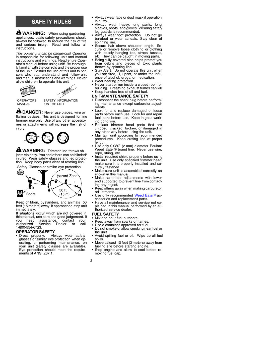 Weed Eater 530088832 manual Operator Safety, UNIT/MAINTENANCE Safety, Fuel Safety 