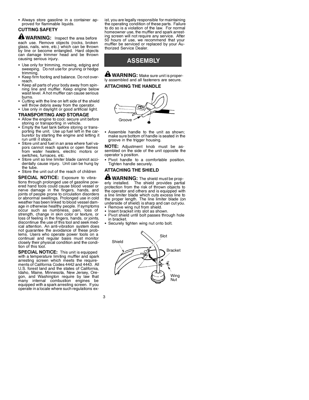 Weed Eater 530088832 manual Cutting Safety, Transporting and Storage, Attaching the Handle, Attaching the Shield 