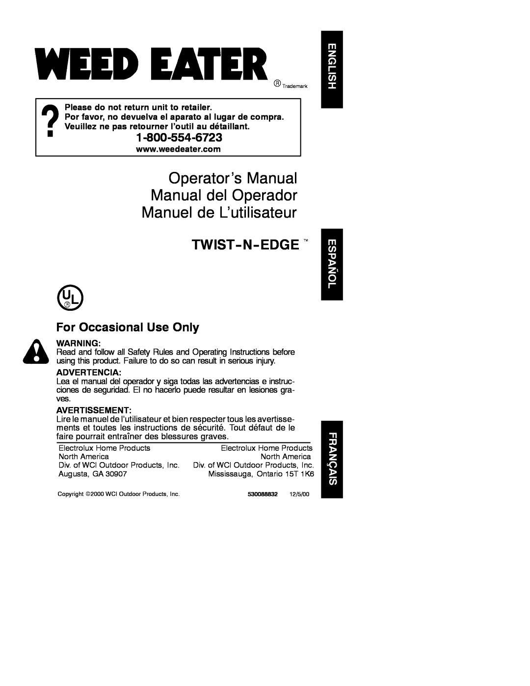 Weed Eater 530088832 manual Operator’s Manual Manual del Operador, Manuel de L’utilisateur, TWIST-N-EDGE t, Advertencia 