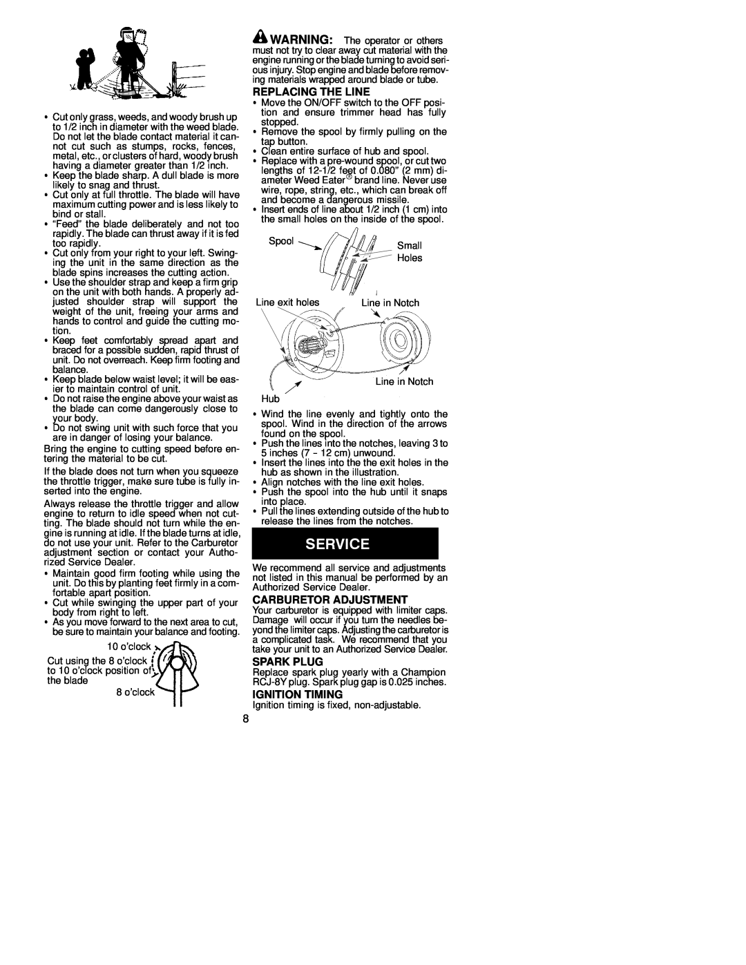 Weed Eater 530088848 operating instructions Replacing The Line, Carburetor Adjustment, Spark Plug, Ignition Timing 