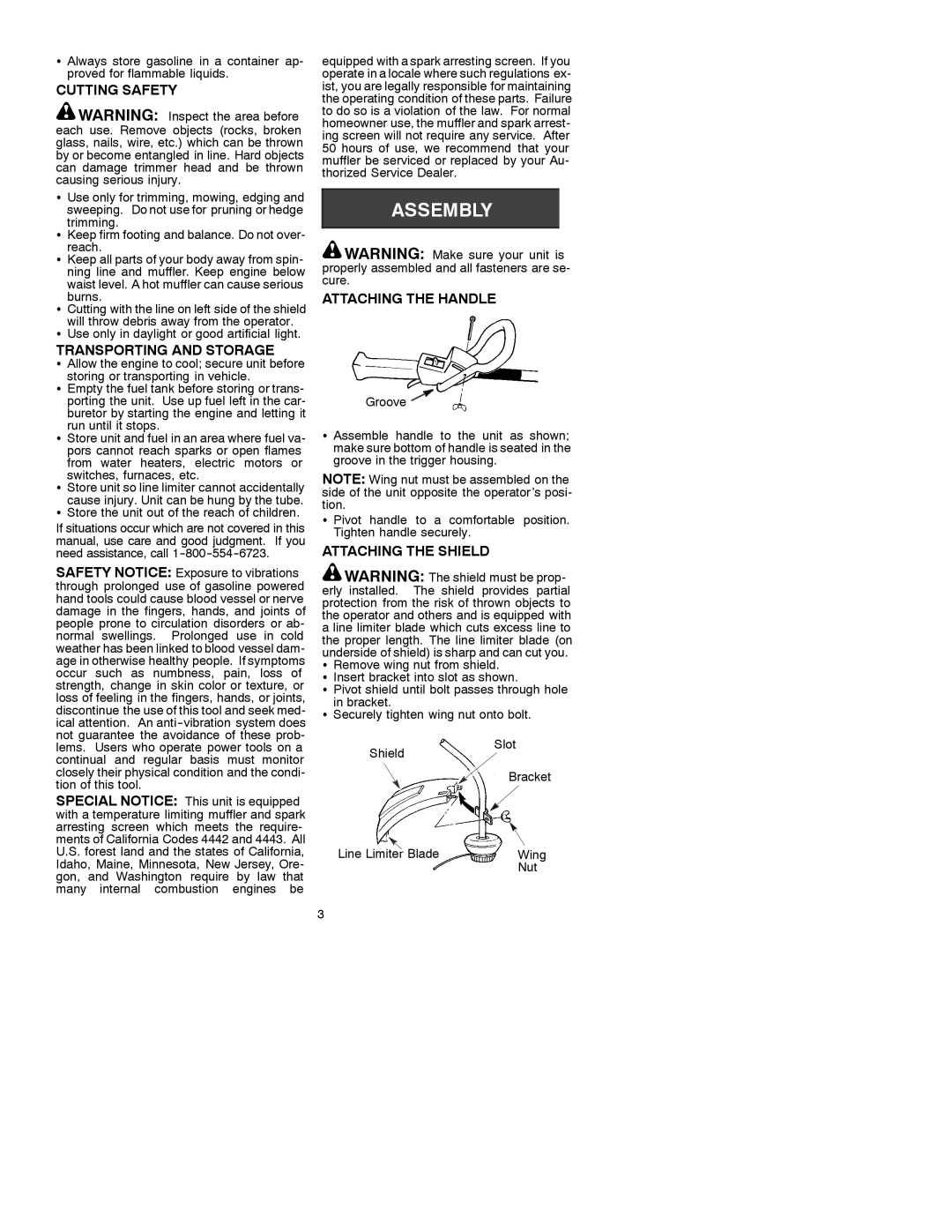 Weed Eater 530088895 manual Cutting Safety, Transporting and Storage, Attaching the Handle, Attaching the Shield 