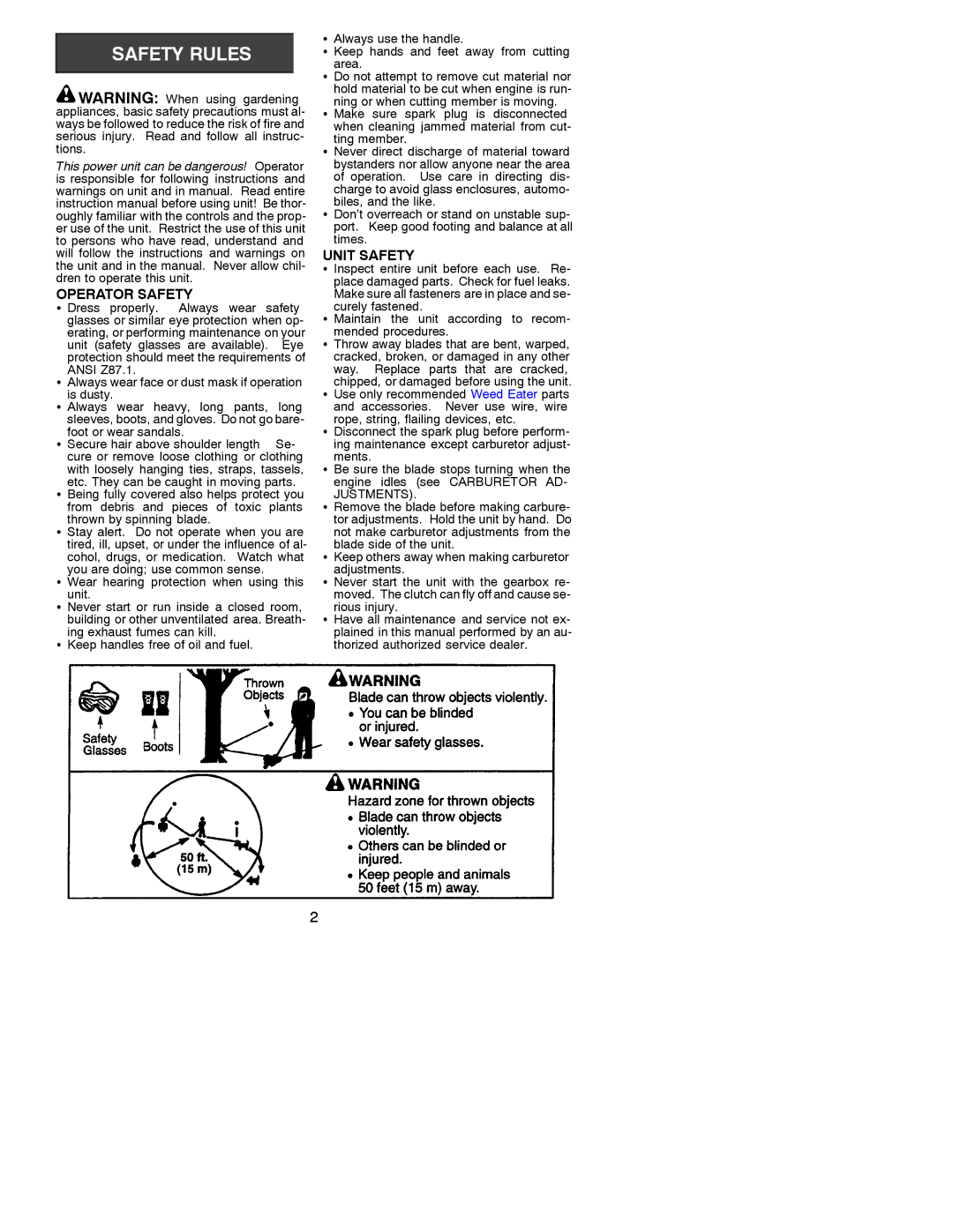 Weed Eater 530088959 instruction manual Operator Safety, Unit Safety, Justments 