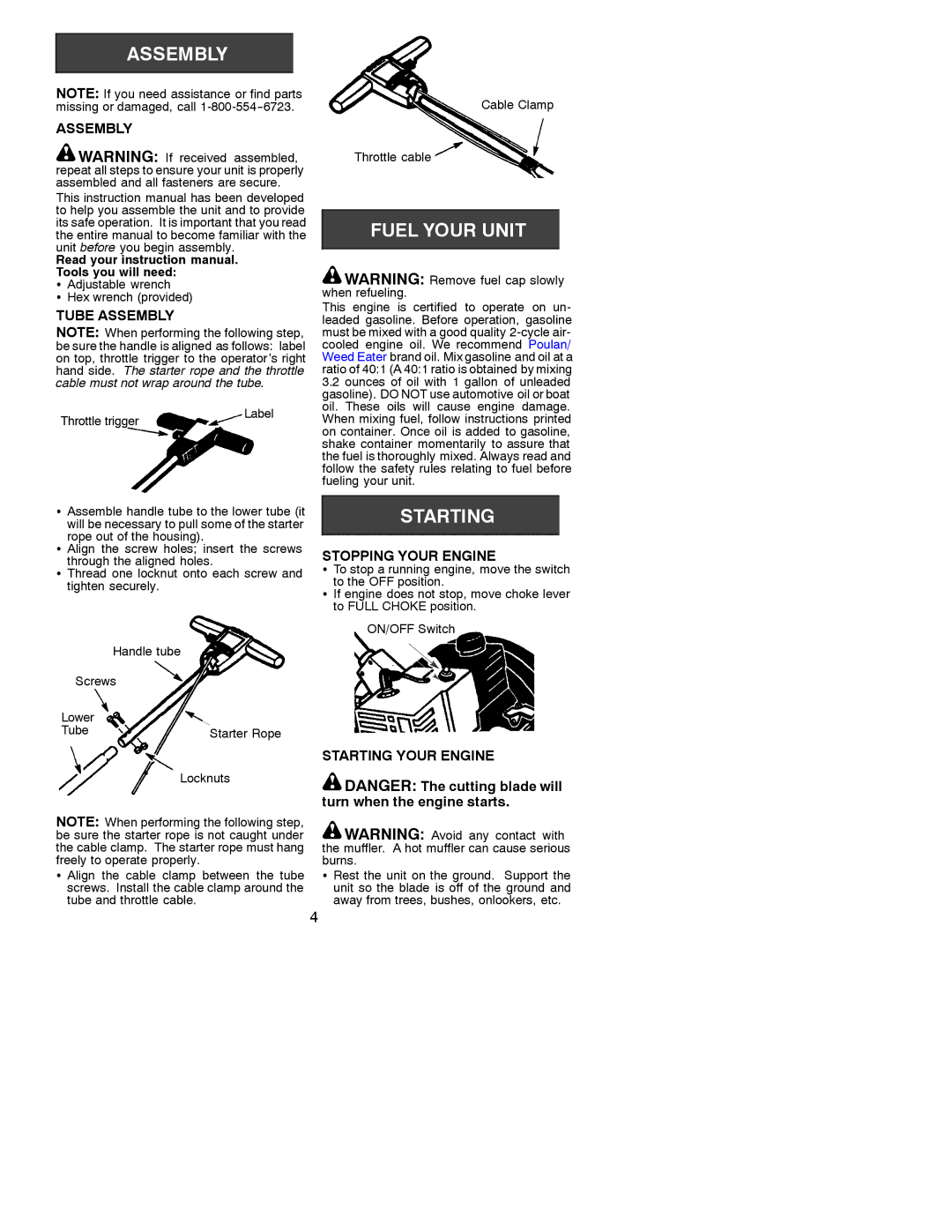 Weed Eater 530088959 Tube Assembly, Stopping Your Engine, Starting Your Engine, Adjustable wrench Hex wrench provided 