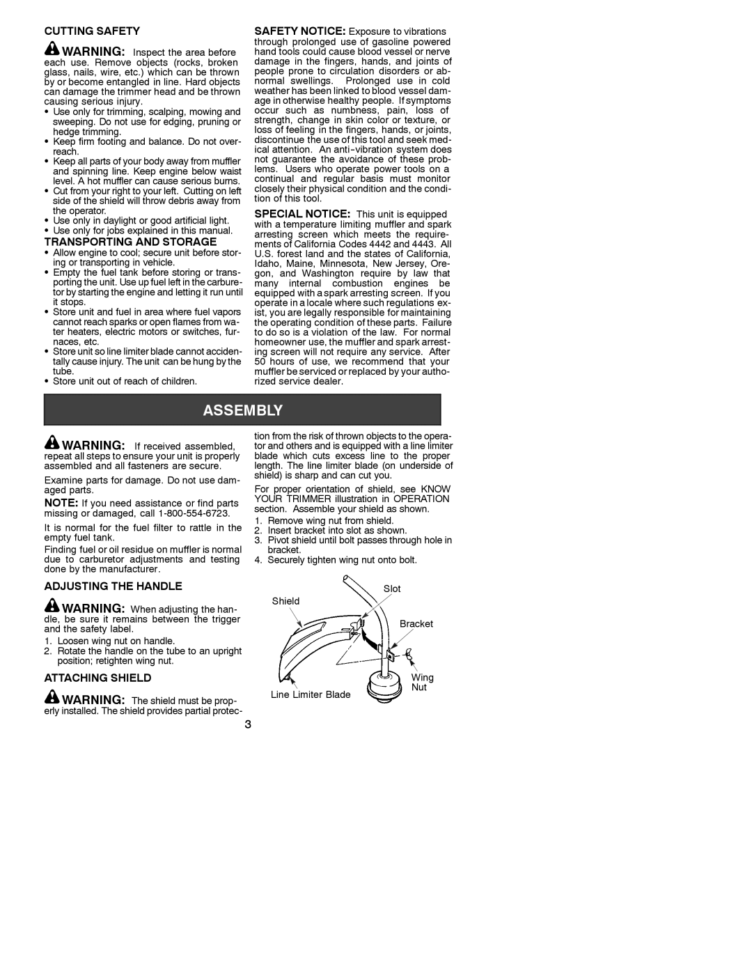 Weed Eater 530163077 instruction manual Cutting Safety, Transporting and Storage, Adjusting the Handle, Attaching Shield 