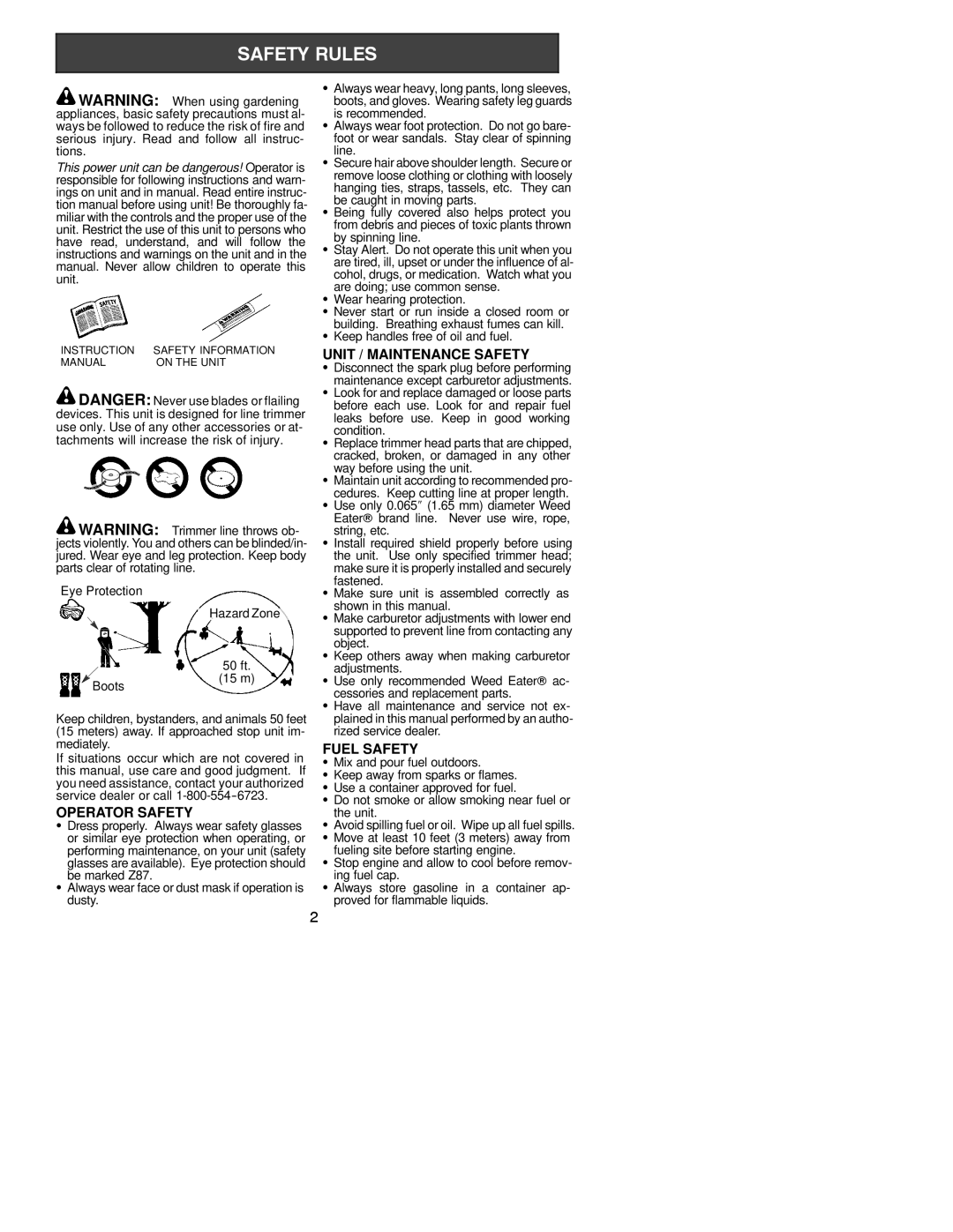 Weed Eater 530163346 instruction manual Operator Safety, Unit / Maintenance Safety, Fuel Safety 