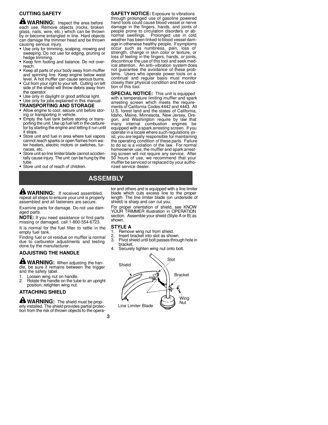 Weed Eater 530163346 Cutting Safety, Transporting and Storage, Adjusting the Handle, Style a, Attaching Shield 