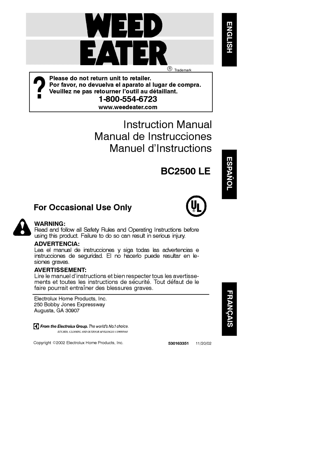 Weed Eater 530163351 instruction manual Manual de Instrucciones Manuel d’Instructions 