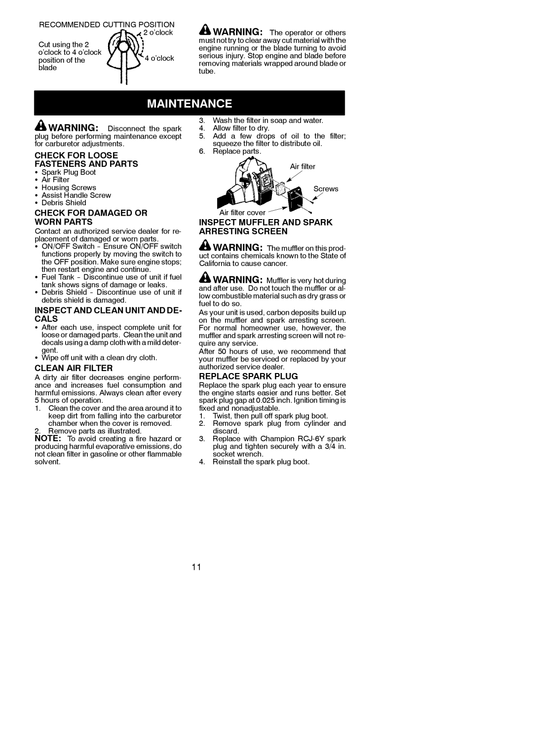 Weed Eater 530163351 instruction manual Maintenance 