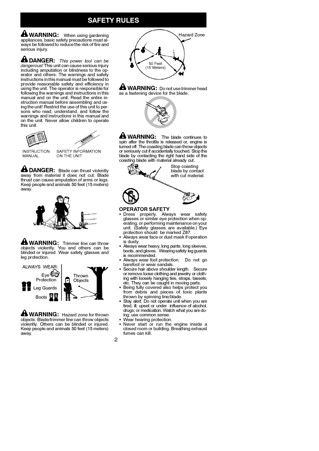 Weed Eater 530163351 instruction manual Safety Rules, Operator Safety, Always Wear 