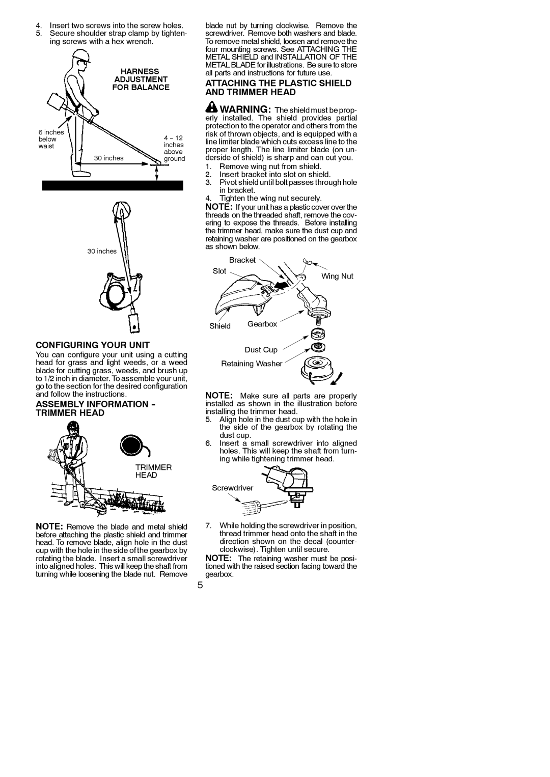 Weed Eater 530163351 instruction manual Attaching the Plastic Shield and Trimmer Head, Configuring Your Unit 