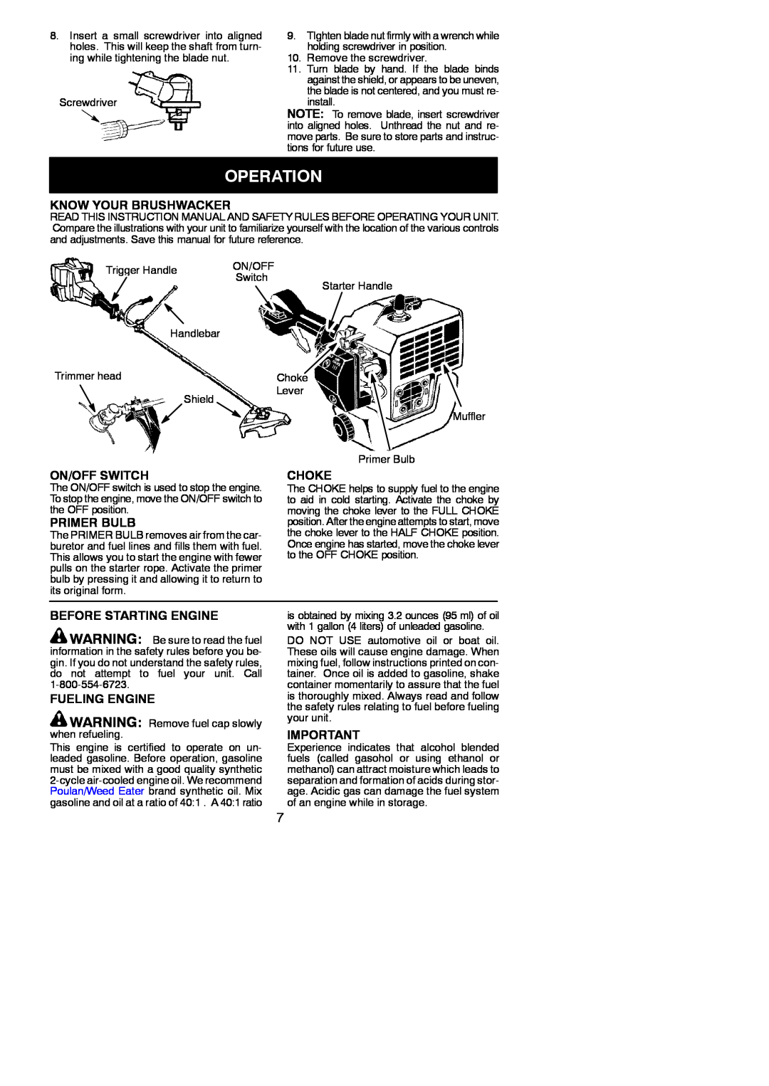 Weed Eater 530163351 Operation, Know Your Brushwacker, On/Off Switch, Primer Bulb, Choke, Before Starting Engine 