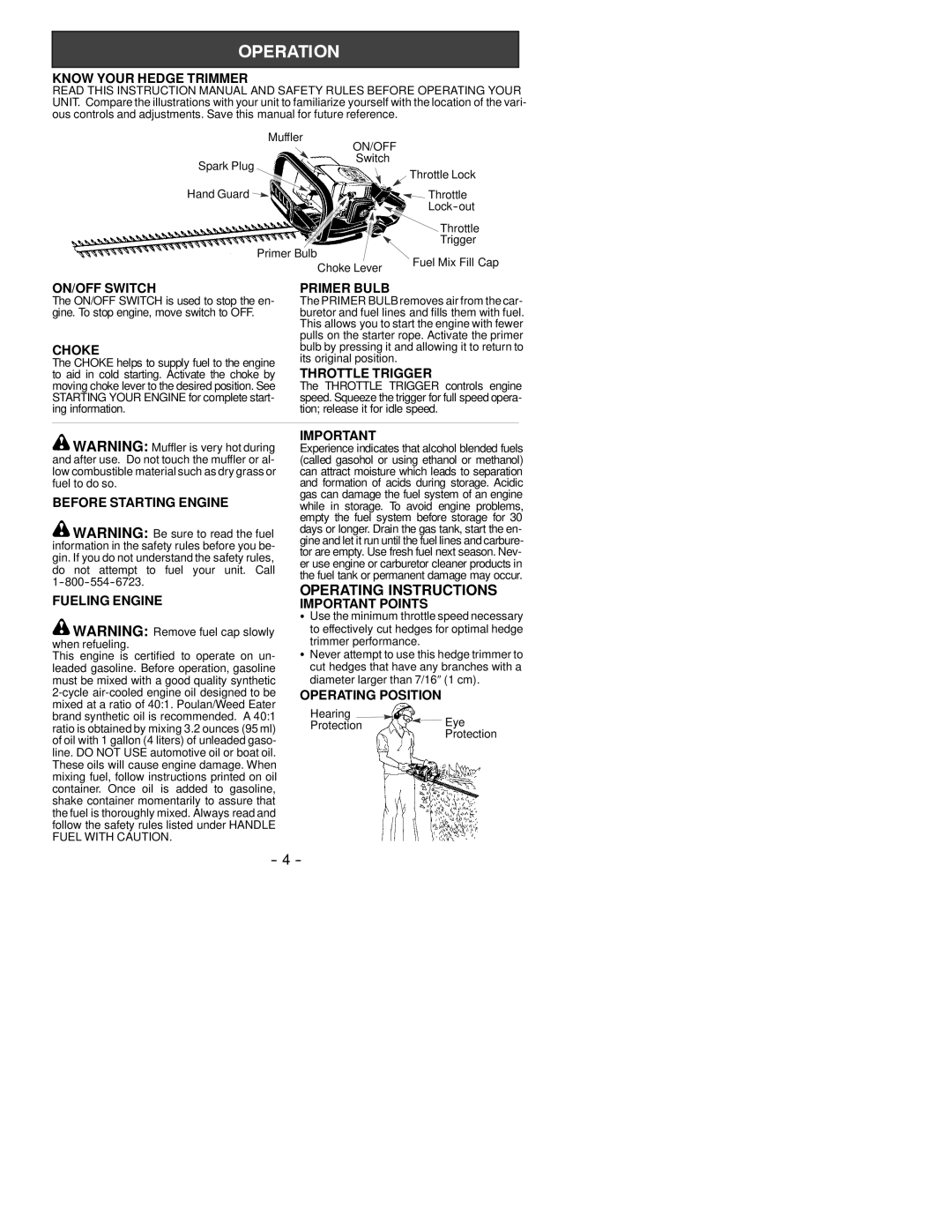 Weed Eater 530163353 Know Your Hedge Trimmer, ON/OFF Switch Primer Bulb, Choke, Throttle Trigger, Before Starting Engine 