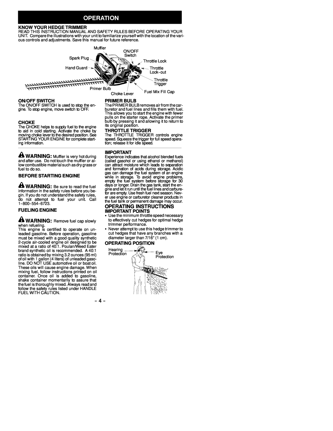 Weed Eater 530163353 Operating Instructions, Know Your Hedge Trimmer, On/Off Switch, Primer Bulb, Choke, Throttle Trigger 