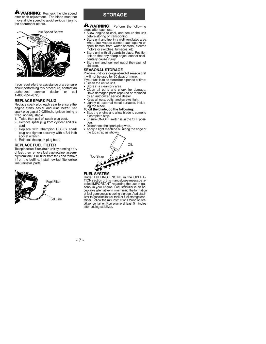 Weed Eater 530163356 instruction manual Replace Spark Plug, Replace Fuel Filter, Seasonal Storage, Fuel System 