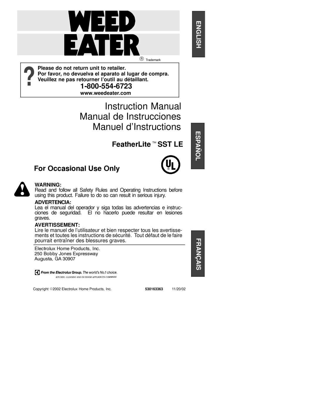 Weed Eater 530163363 instruction manual Manual de Instrucciones Manuel d’Instructions 