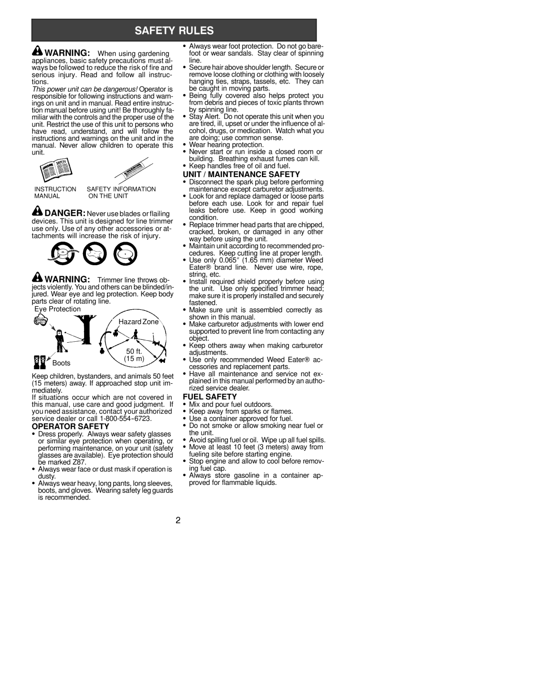 Weed Eater 530163363 instruction manual Operator Safety, Unit / Maintenance Safety, Fuel Safety 