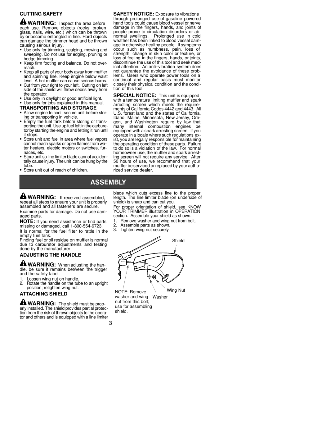 Weed Eater 530163363 instruction manual Cutting Safety, Transporting and Storage, Adjusting the Handle, Attaching Shield 