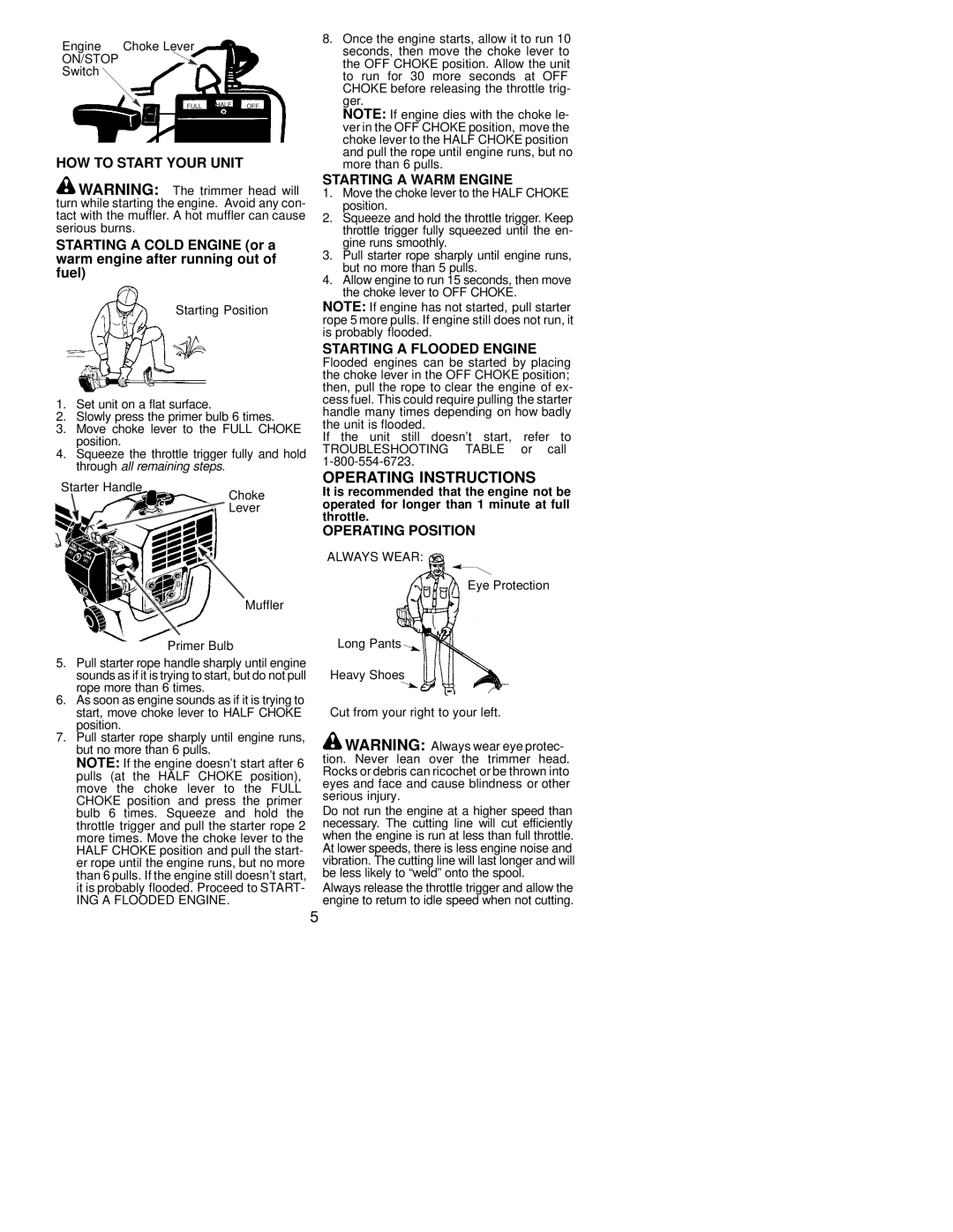 Weed Eater 530163363 HOW to Start Your Unit, Starting a Warm Engine, Starting a Flooded Engine, Operating Position 