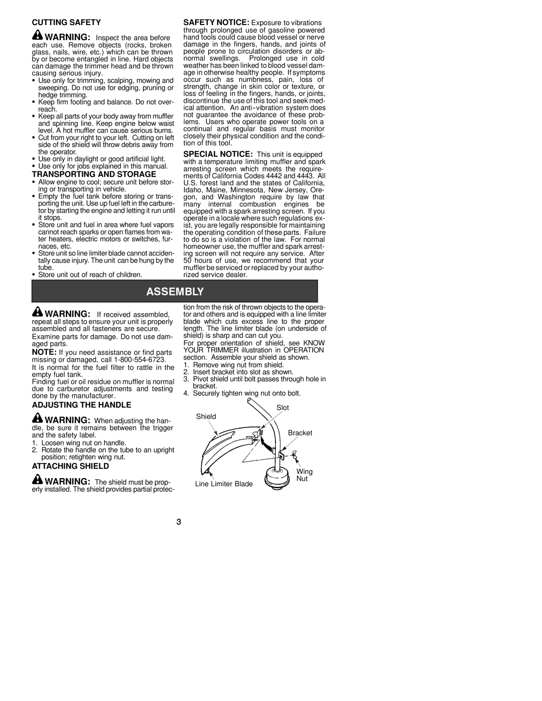 Weed Eater 530163364 Cutting Safety, Transporting and Storage, Adjusting the Handle, Attaching Shield, Operator 