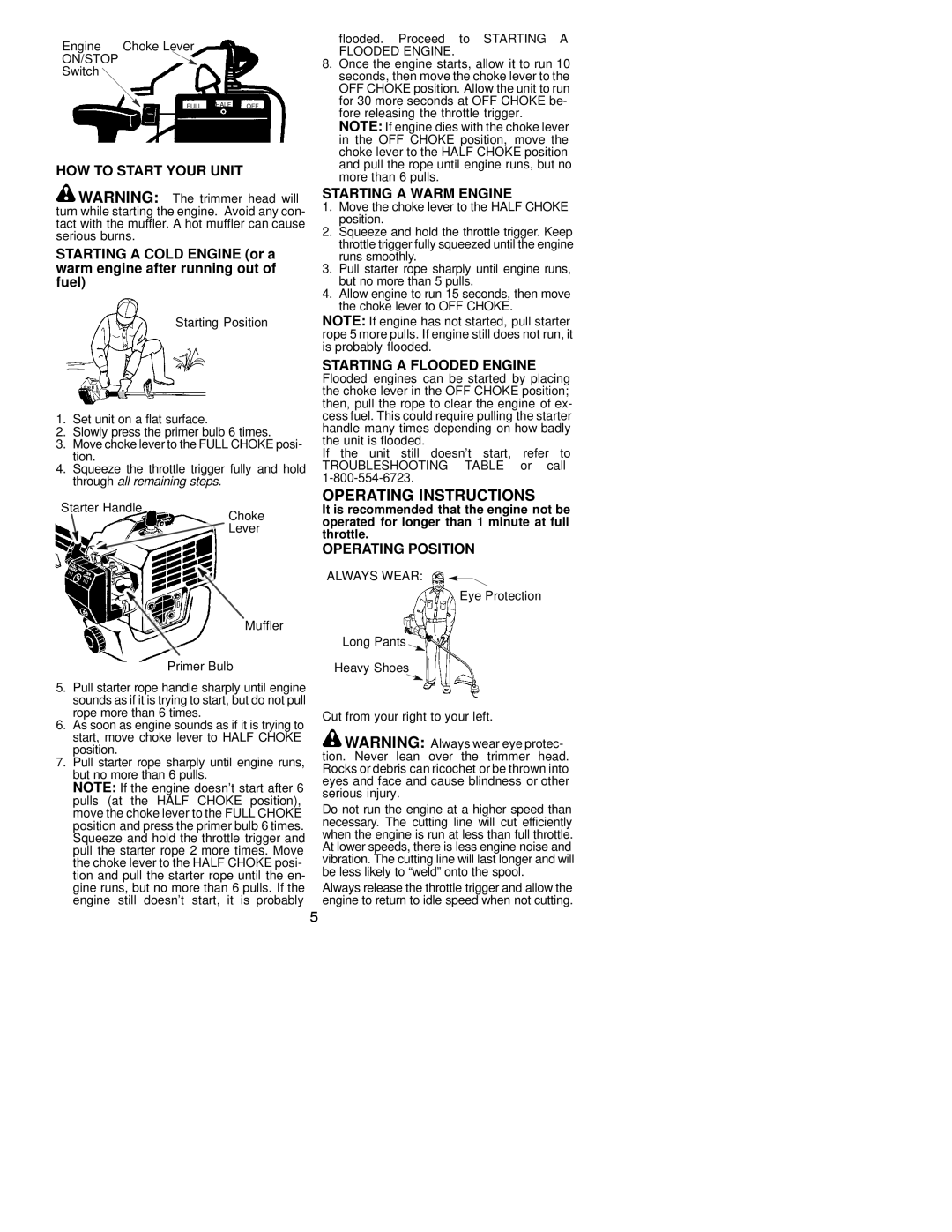 Weed Eater 530163364 HOW to Start Your Unit, Starting a Warm Engine, Starting a Flooded Engine, Operating Position 