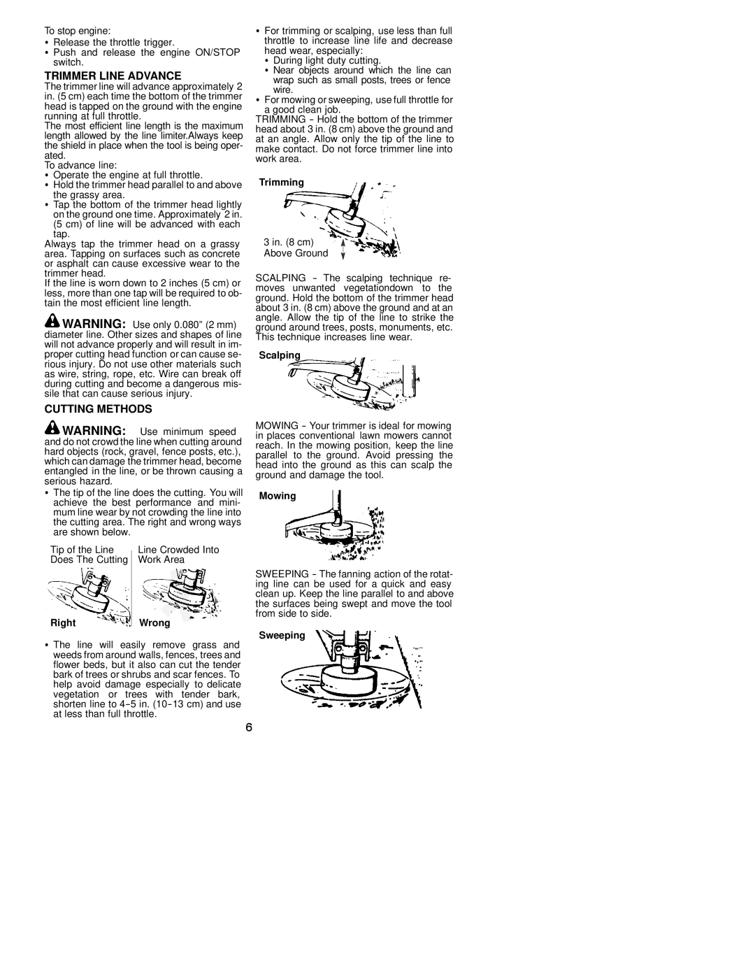 Weed Eater 530163364 instruction manual Trimmer Line Advance, Cutting Methods 