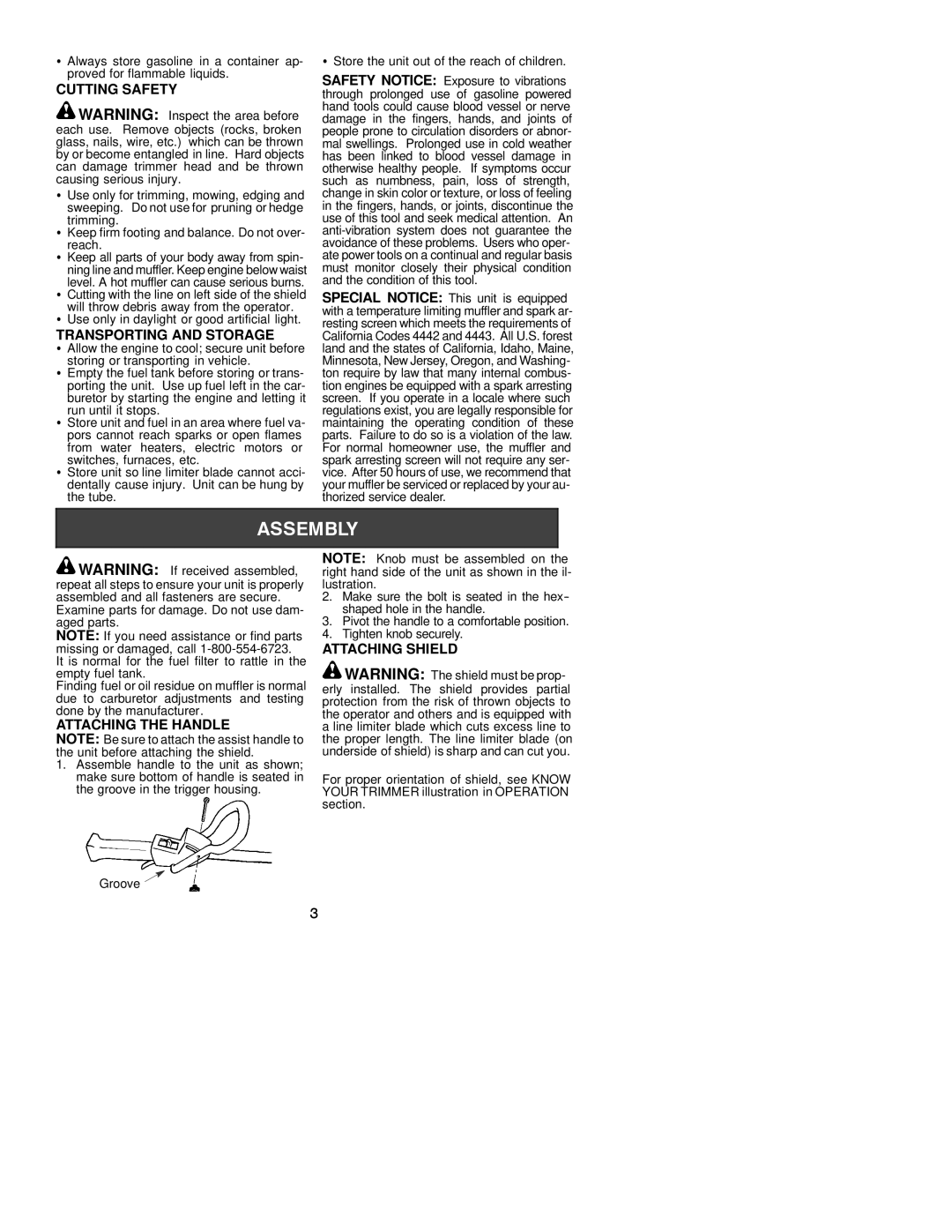 Weed Eater 530163368 instruction manual Cutting Safety, Transporting and Storage, Attaching the Handle, Attaching Shield 