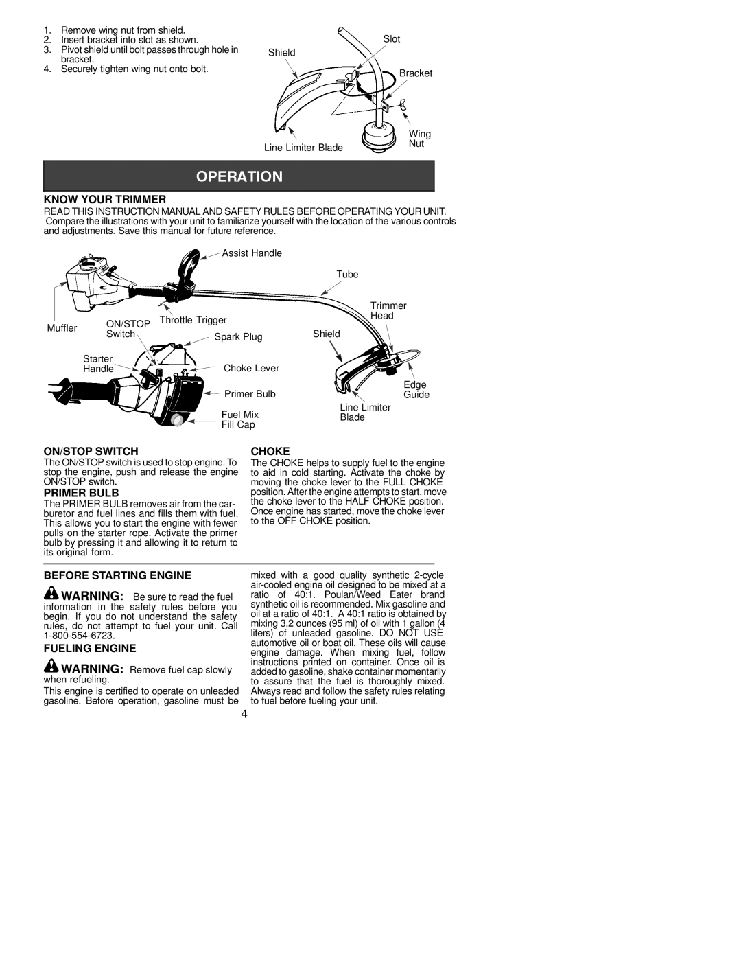 Weed Eater 530163438 Know Your Trimmer, ON/STOP Switch Choke, Primer Bulb, Before Starting Engine, Fueling Engine 