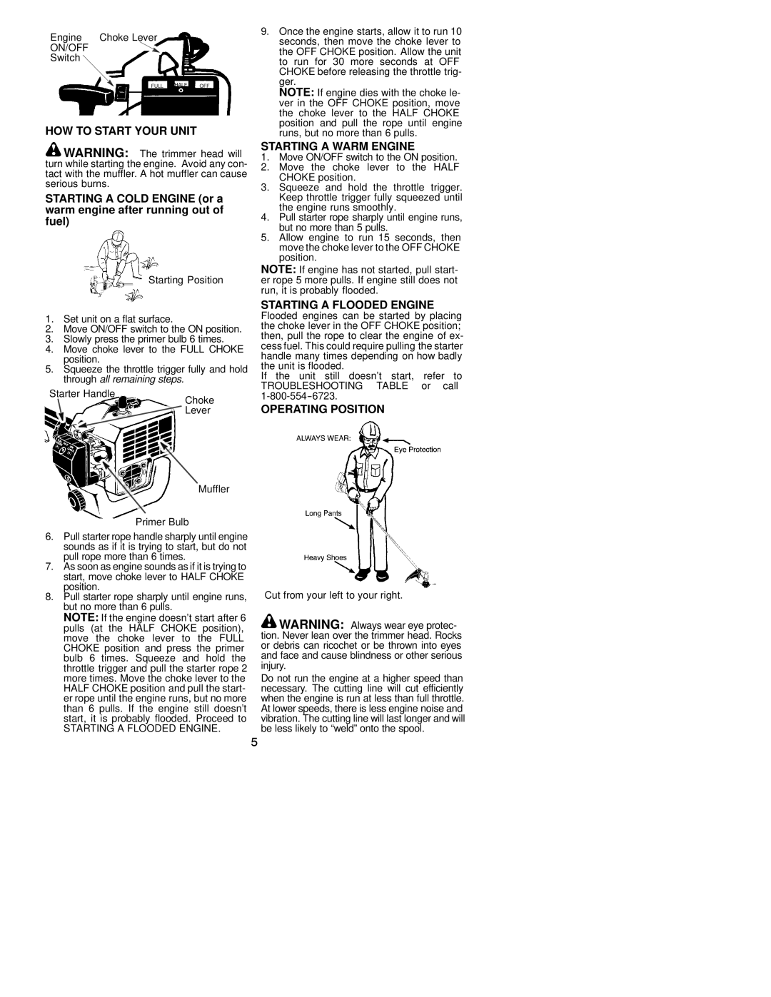 Weed Eater 530163441 HOW to Start Your Unit, Starting a Warm Engine, Starting a Flooded Engine, Operating Position 