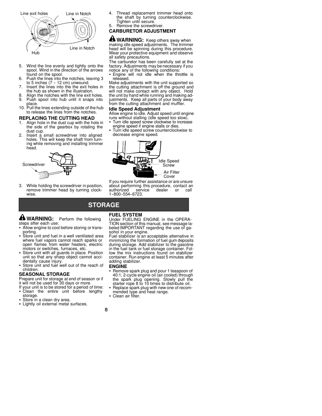 Weed Eater 530163441 Replacing the Cutting Head, Carburetor Adjustment, Seasonal Storage, Fuel System, Engine 