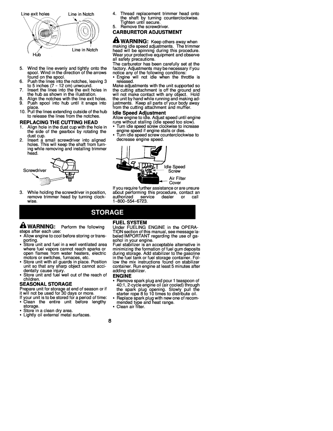 Weed Eater 530163441 Replacing The Cutting Head, Carburetor Adjustment, Idle Speed Adjustment, Seasonal Storage, Engine 