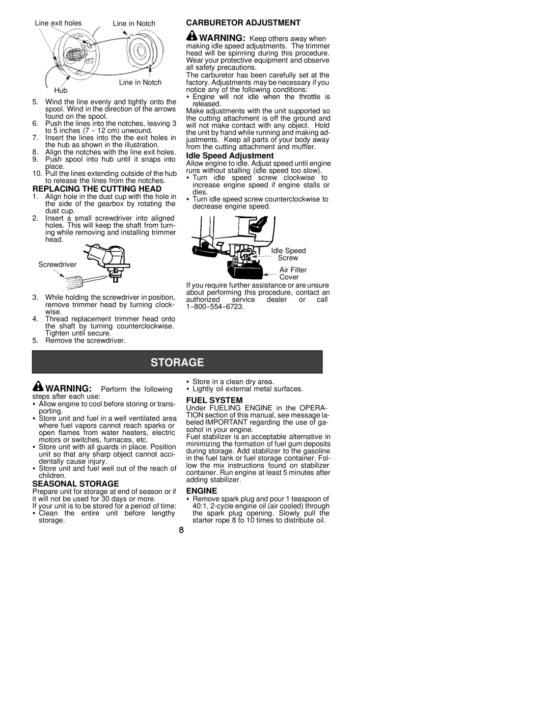 Weed Eater 530163445 Replacing the Cutting Head, Carburetor Adjustment, Seasonal Storage, Fuel System, Engine 