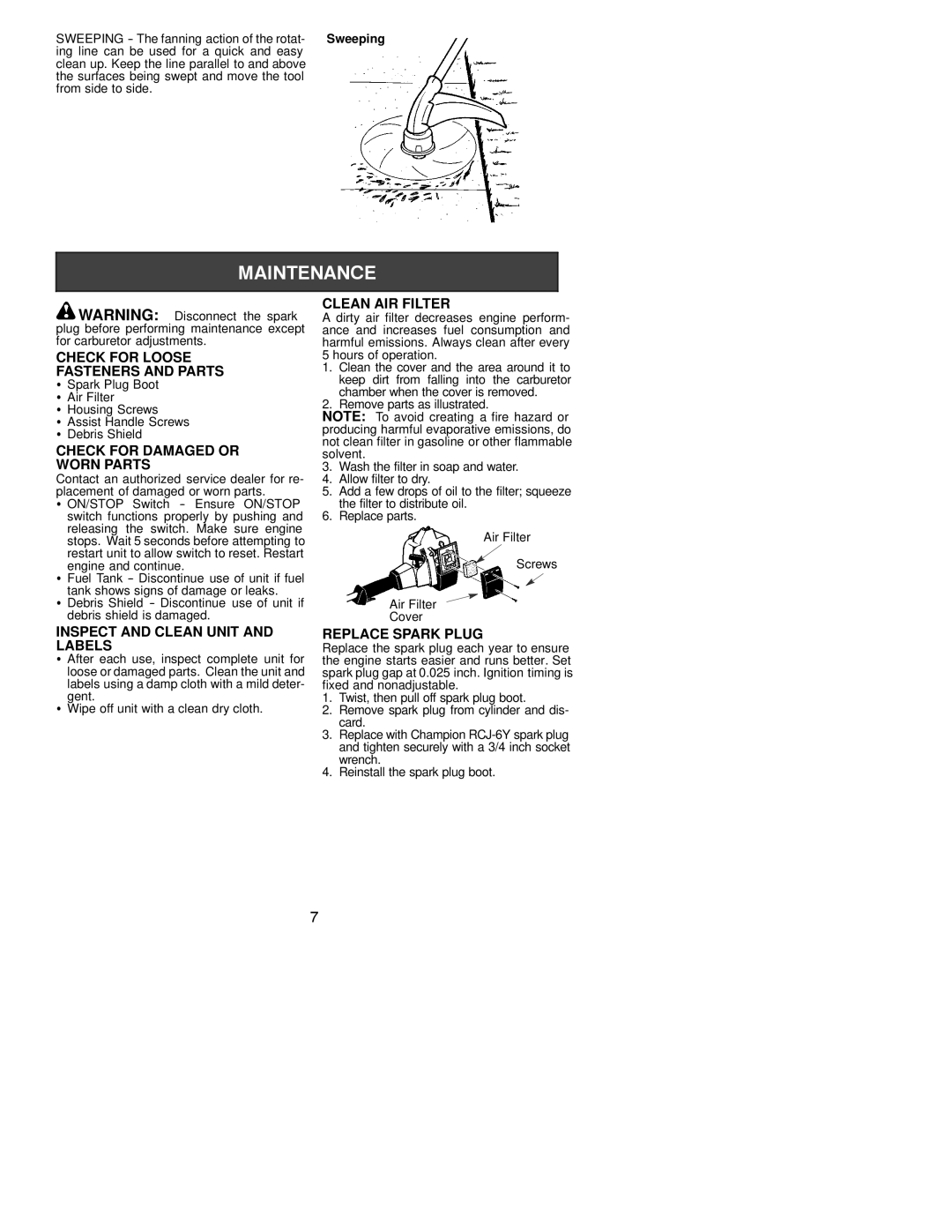 Weed Eater 530163448 Check for Loose Fasteners and Parts, Check for Damaged or Worn Parts, Clean AIR Filter 