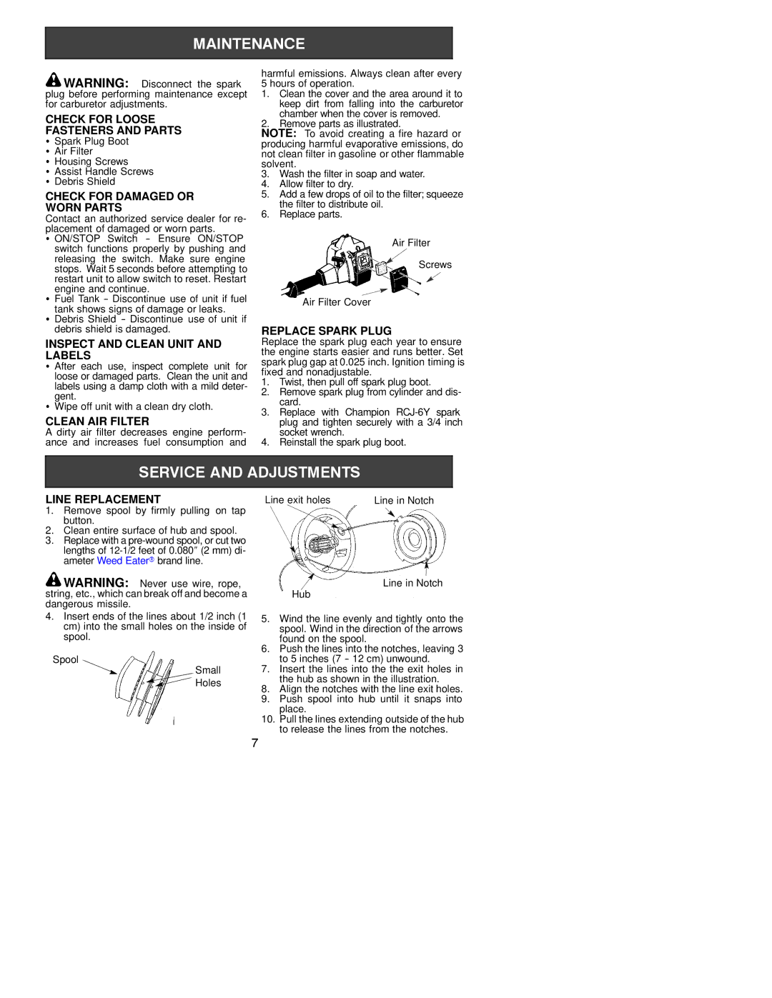 Weed Eater 530163479 Check for Loose Fasteners and Parts, Check for Damaged or Worn Parts, Clean AIR Filter 