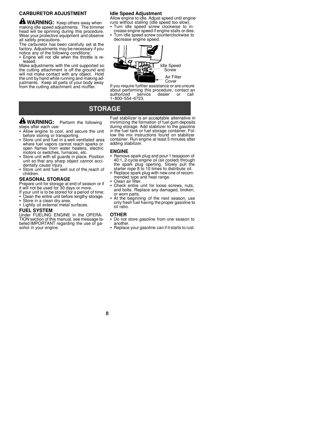 Weed Eater 530163479 instruction manual Carburetor Adjustment, Seasonal Storage, Fuel System, Engine, Other 