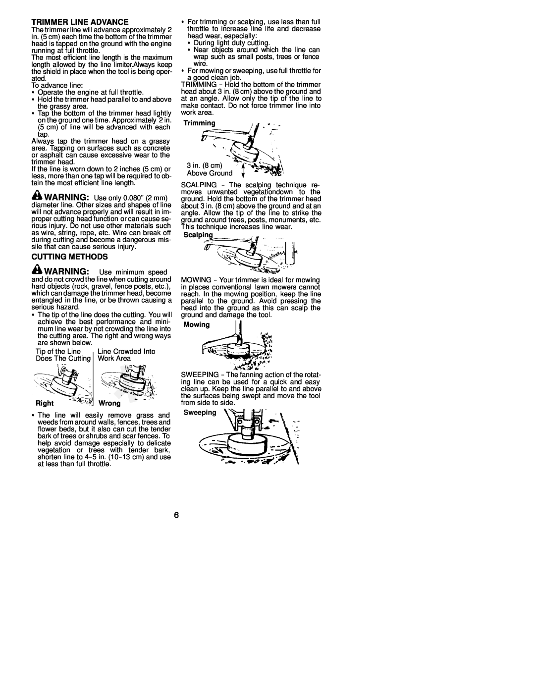 Weed Eater 530163479 instruction manual Trimmer Line Advance, Cutting Methods, Right, Trimming, Scalping, Mowing, Sweeping 