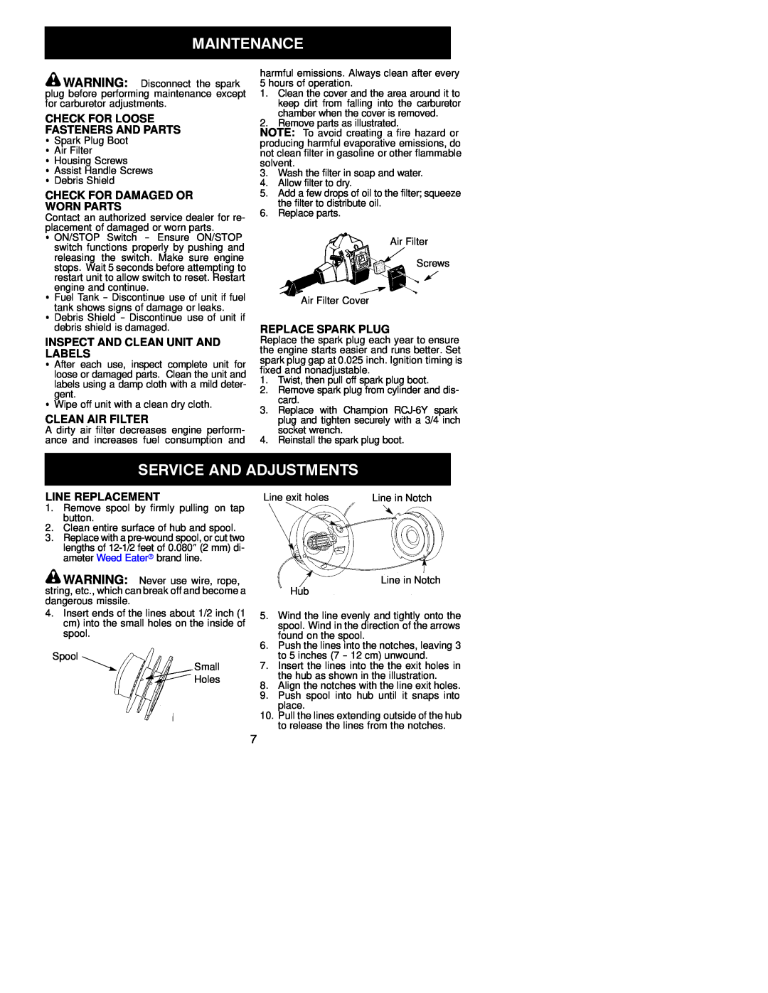 Weed Eater 530163479 Check For Loose Fasteners And Parts, Check For Damaged Or Worn Parts, Clean Air Filter 