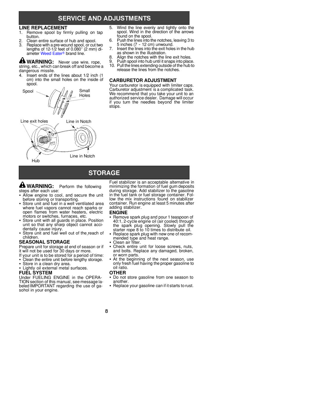 Weed Eater 530163506 Line Replacement, Carburetor Adjustment, Seasonal Storage, Fuel System, Engine, Other 