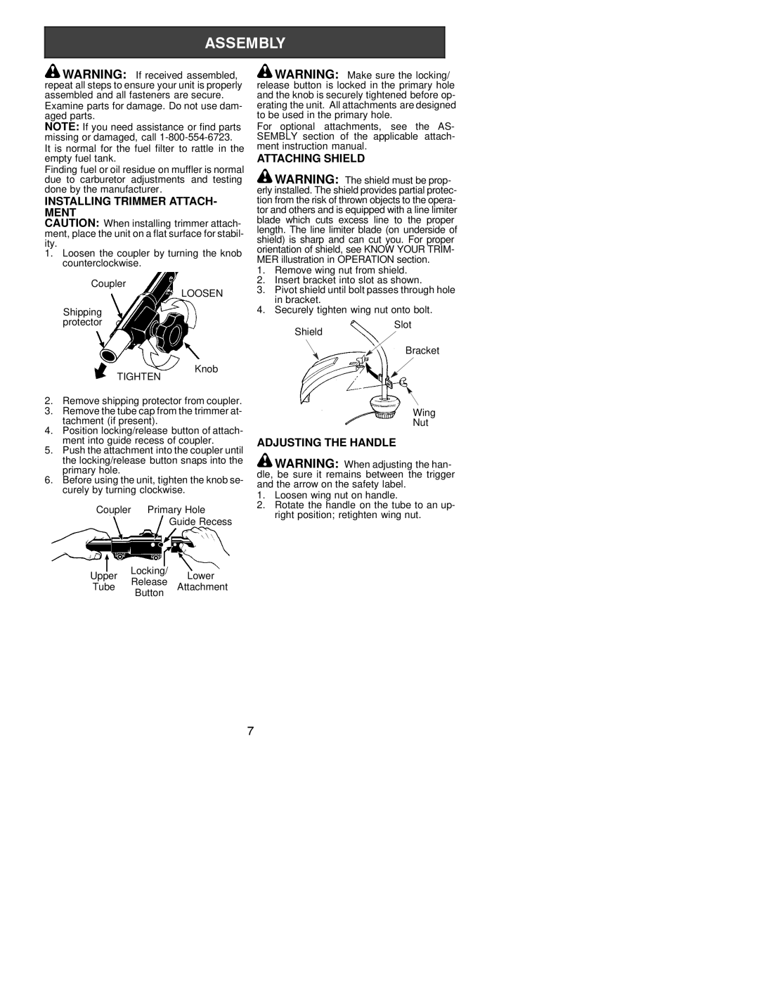 Weed Eater 530163734 instruction manual Installing Trimmer ATTACH- Ment, Attaching Shield, Adjusting the Handle 