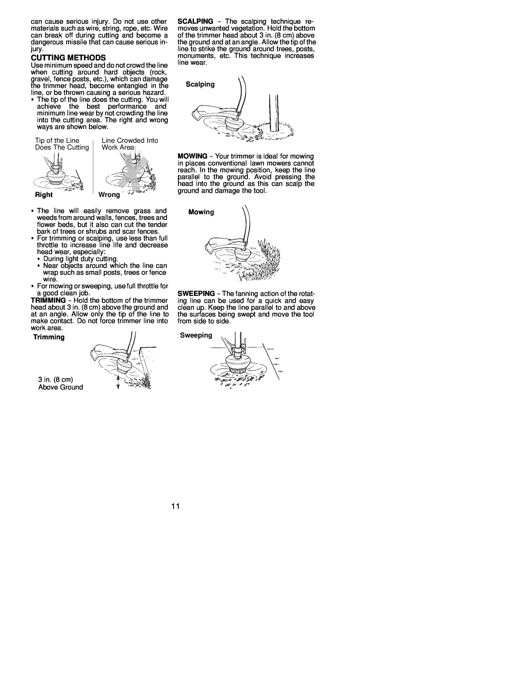 Weed Eater 530163734 instruction manual Cutting Methods, RightWrong, Trimming, Scalping, Mowing, Sweeping 