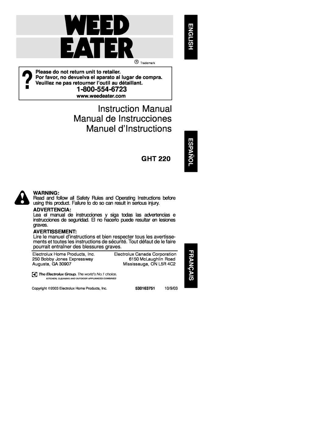 Weed Eater 530163751 instruction manual Please do not return unit to retailer, Advertencia, Avertissement 