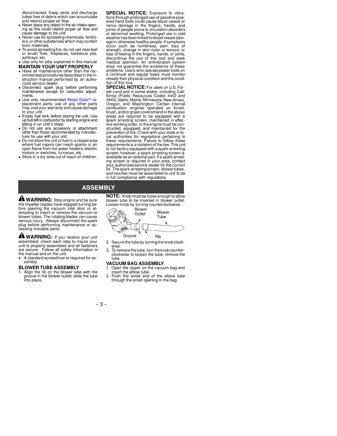 Weed Eater 530163804 instruction manual Maintain Your Unit Properly, Vacuum BAG Assembly, Blower Tube Assembly 