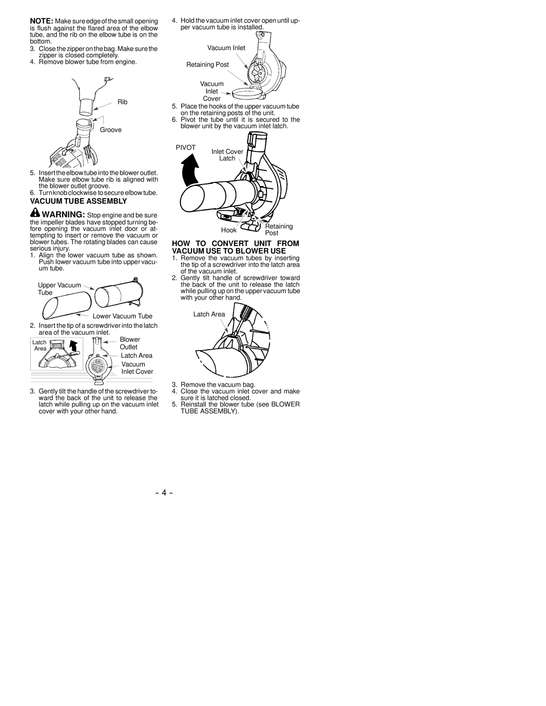 Weed Eater 530163806 Vacuum Tube Assembly, HOW to Convert Unit from Vacuum USE to Blower USE, Outlet, Hook Retaining Post 