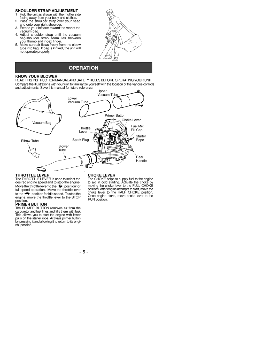 Weed Eater 530163806 Shoulder Strap Adjustment, Know Your Blower, Throttle Lever, Primer Button, Choke Lever 