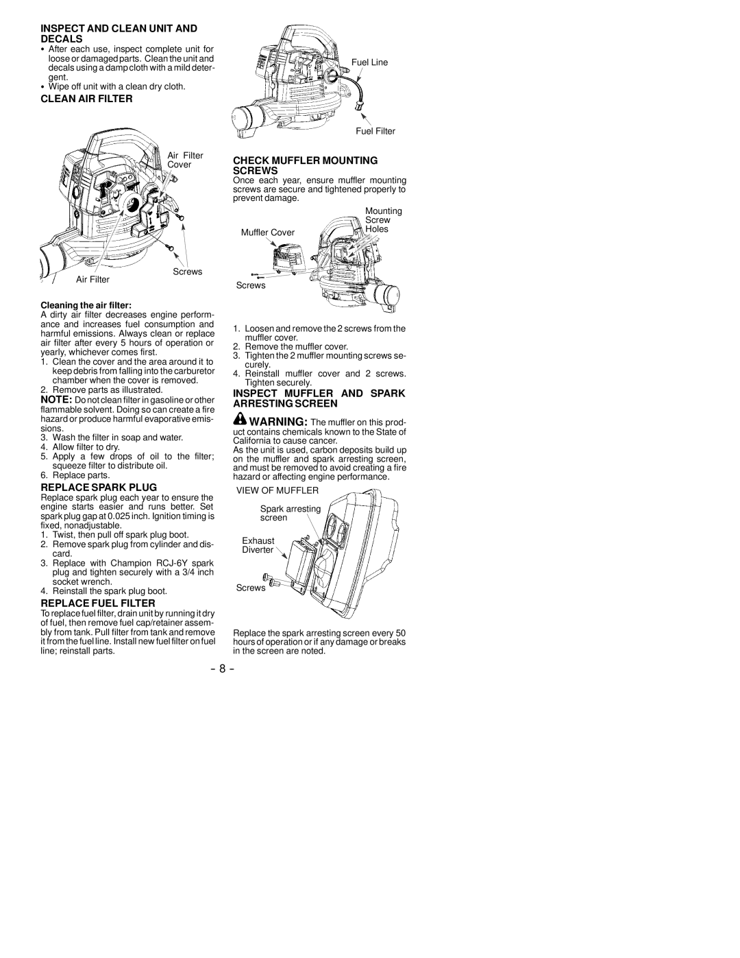 Weed Eater 530163806 instruction manual Inspect and Clean Unit and Decals, Clean AIR Filter, Check Muffler Mounting Screws 